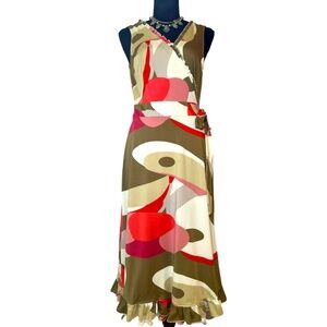 JONATHAN MARTIN ~ Army Green and Pink Ruffled A-Line Sleeveless Midi Dress